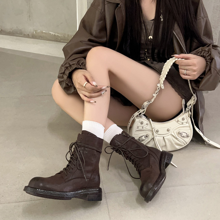 【奇尔怡】英伦风复古马丁靴女高筒系带粗跟机车靴牛反绒真皮短靴