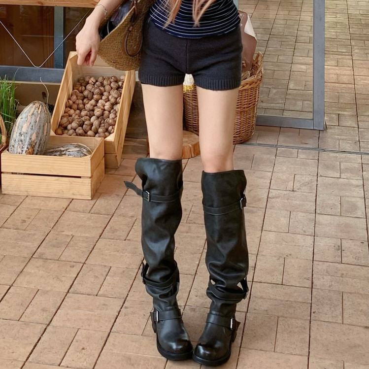 【奇尔怡】皮带扣高筒骑士靴女粗跟圆头机车靴大筒围过膝长靴秋冬