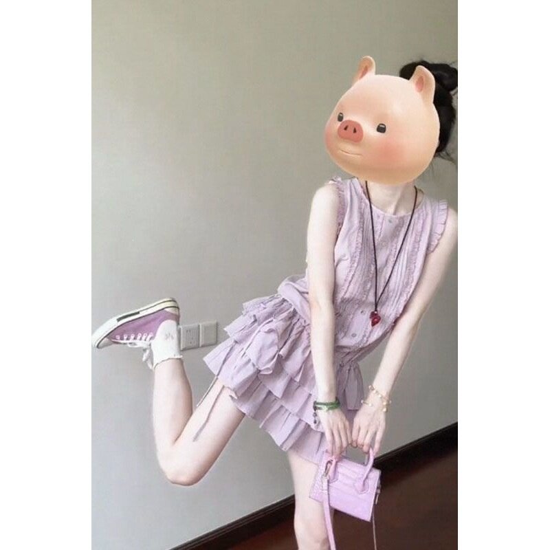 夏季紫色甜美收腰显瘦蛋糕连衣裙