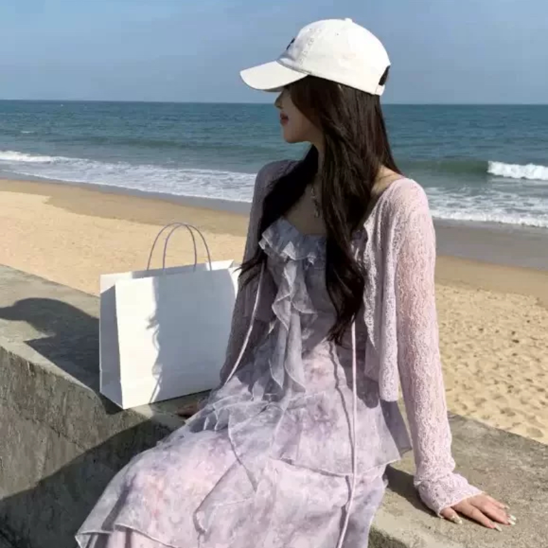 法式度假风紫色吊带裙开衫套装