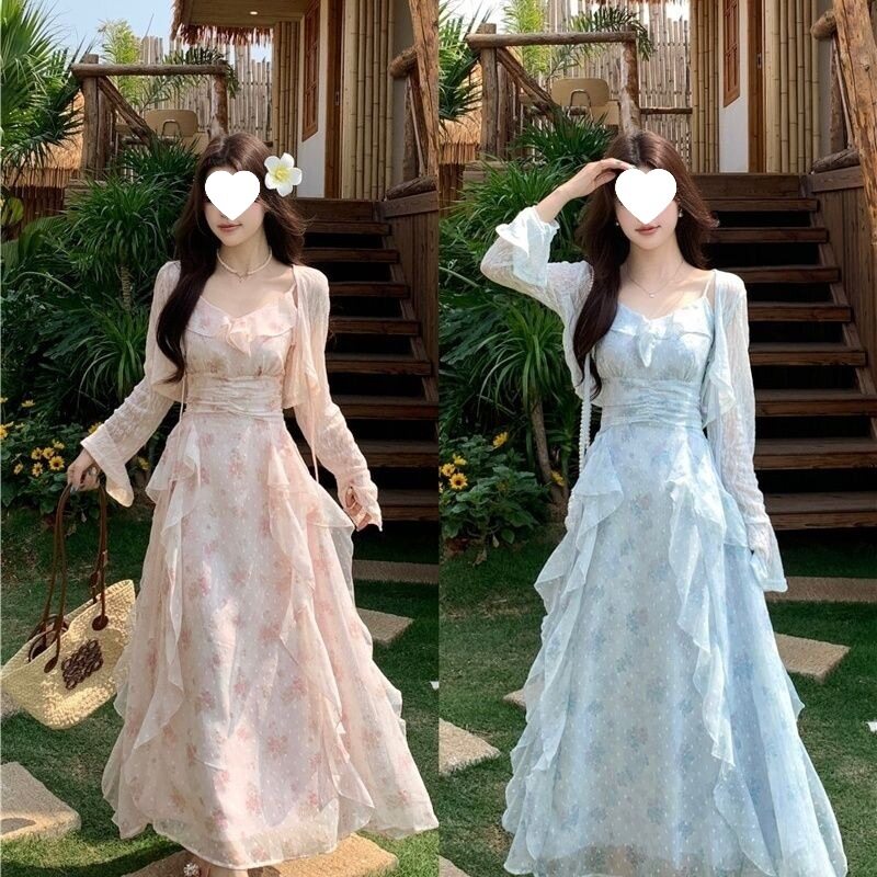 度假风拼接碎花连衣裙少女夏季收腰荷叶边吊带裙薄开衫两件套超仙