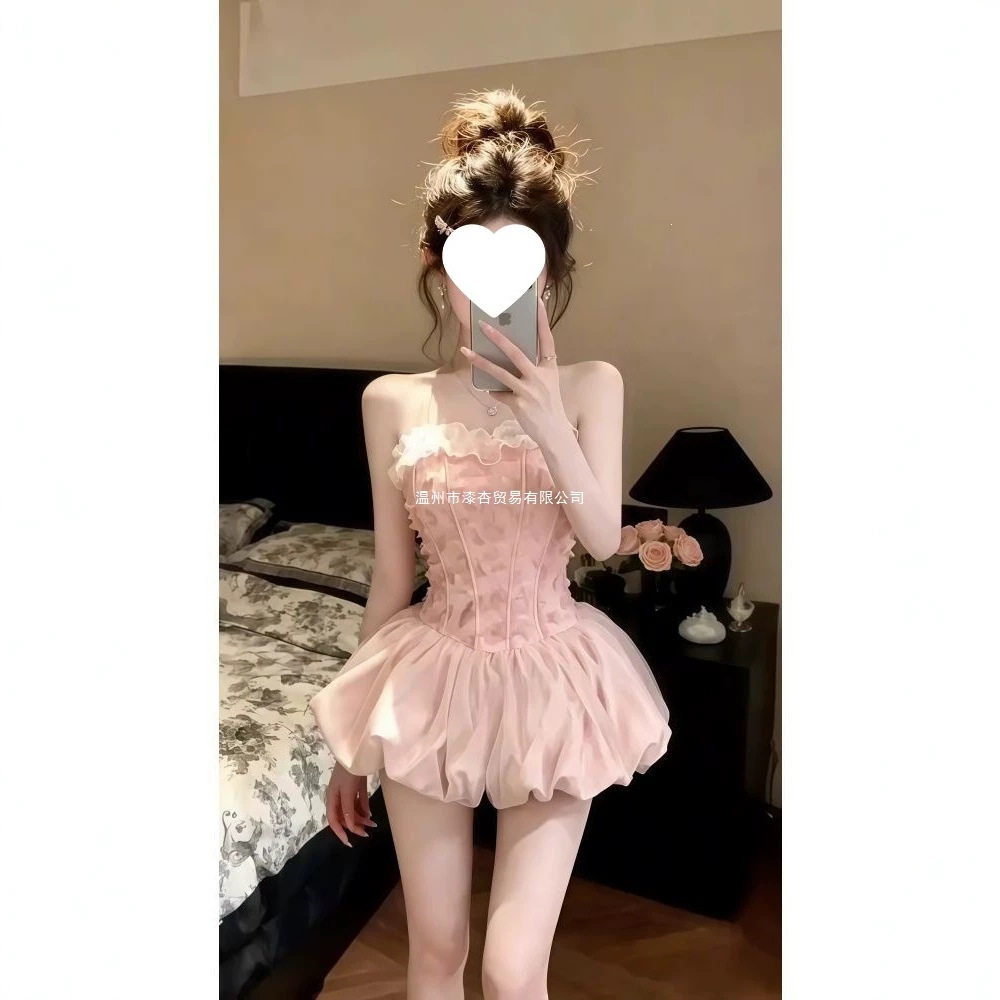 夏季法式甜美抹胸花苞蓬蓬连衣裙