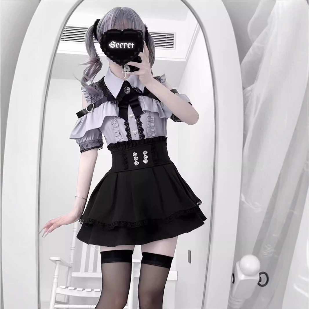 甜心邂逅夏季学院风量产型少女三色露肩衬衫+ 高腰半裙两件套套装