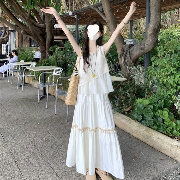 现货夏季文艺国风复古镂空吊带裙套装民族风无袖高腰半身两件套装