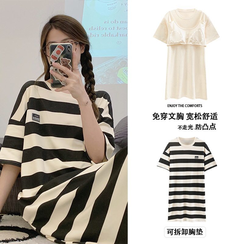 带胸垫睡裙女夏季纯棉短袖中长款卡通连衣裙过膝睡衣女款2026新款