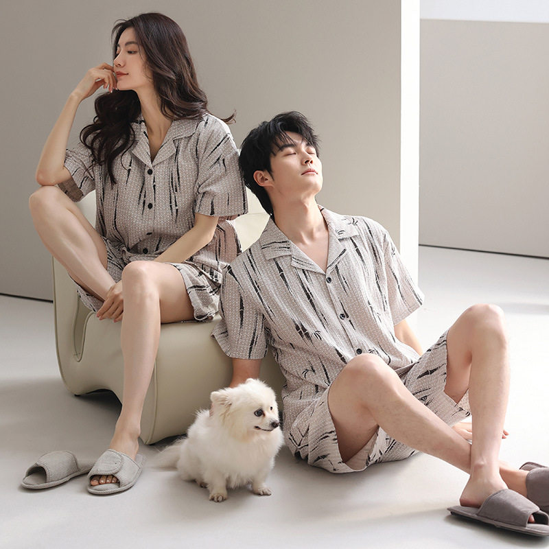 纯棉睡衣女款2025新款夏天男款大码短袖情侣女士带胸垫家居服