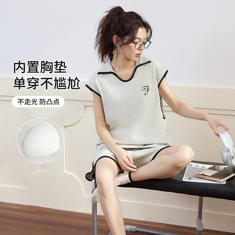带胸垫纯棉睡衣女夏季无袖薄款休闲夏天女款可外穿家居服背心套装