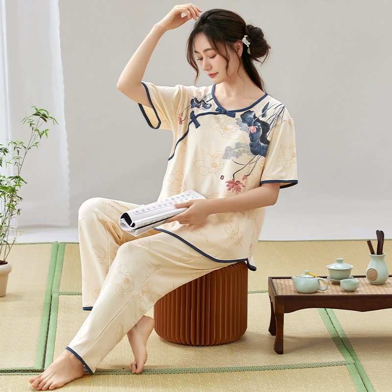 新中式国风睡衣短袖长裤夏季薄款古风汉服棉质居家服套装女可外穿