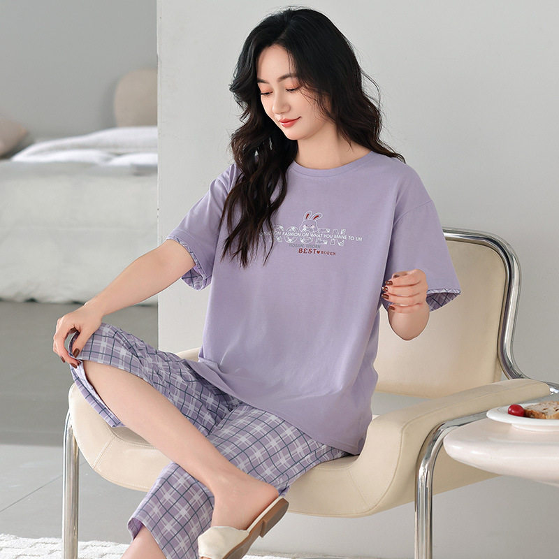 睡衣女夏季纯棉短袖七分裤中年妈妈夏天薄款全棉大码家居服俩件套