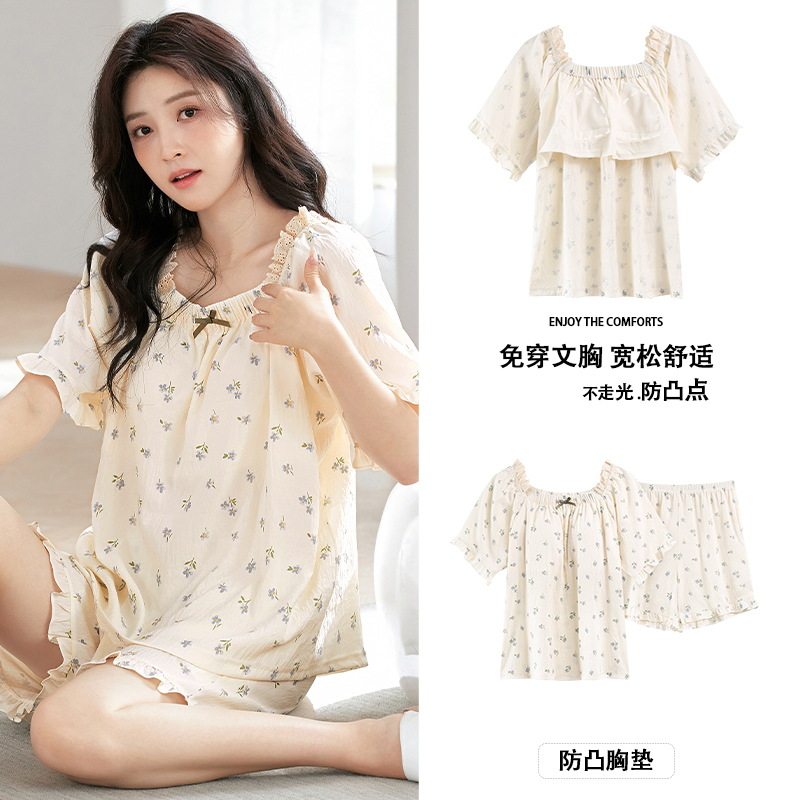 胸垫睡衣女夏季短袖短裤套头可爱韩系甜美薄款碎花大码家居服套装