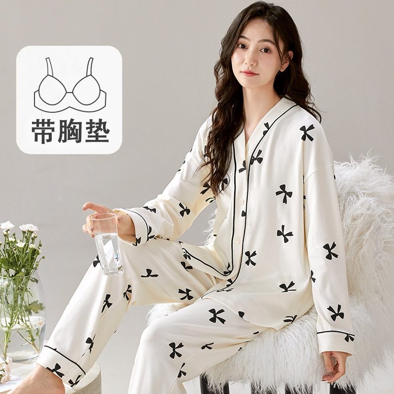 春秋季天女士睡衣长袖开衫套装大码甜美家居服可外穿带胸垫防凸点