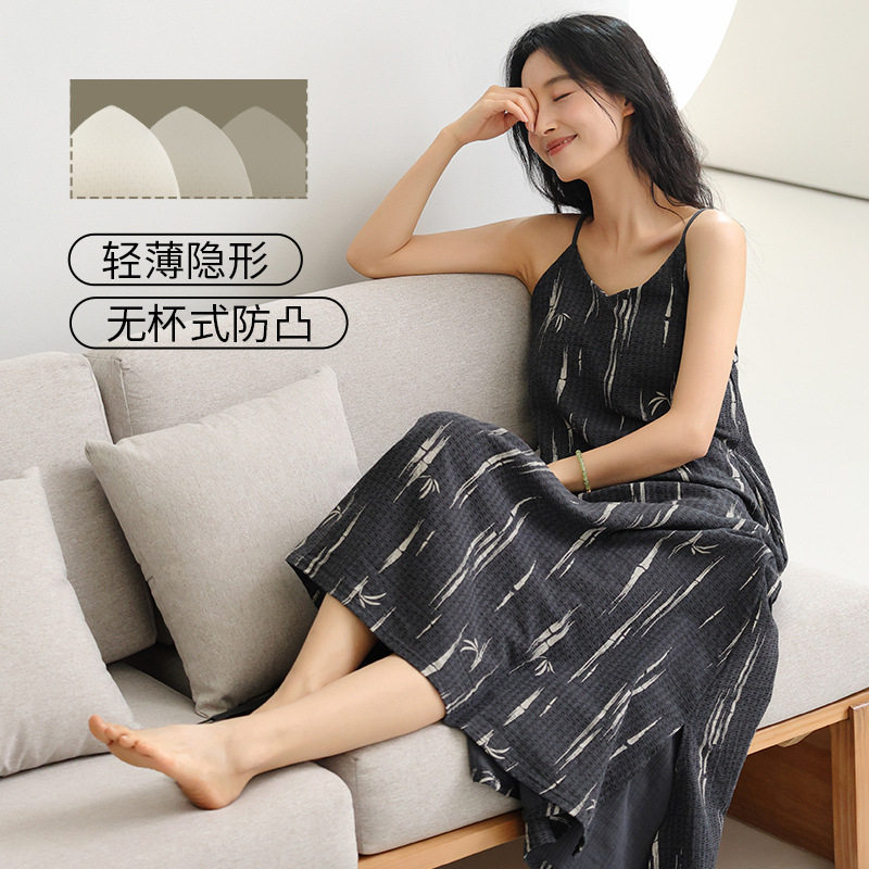 纯棉睡裙女带胸垫性感吊带睡衣2025新款中长款休闲连衣裙家居服