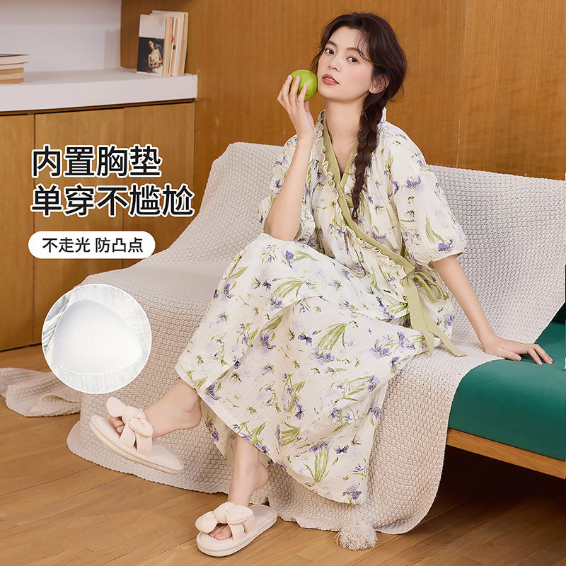 云朵棉系带睡袍女夏季甜美短袖睡裙和服中长款带胸垫睡衣家居服