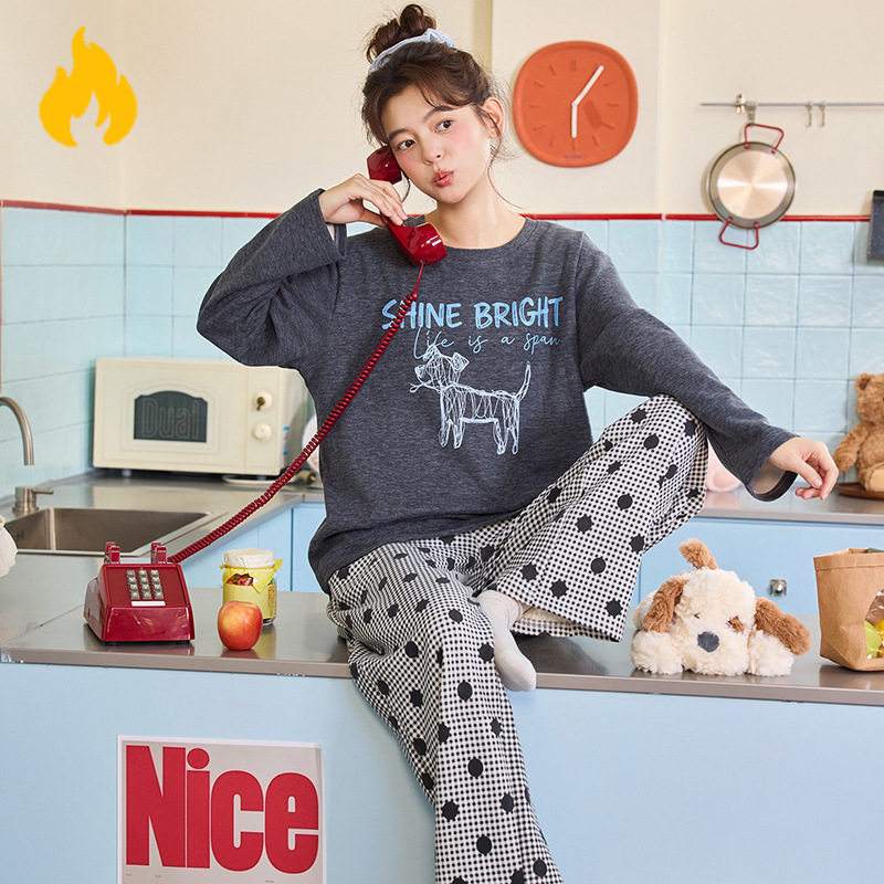 睡衣女羊绒蚕丝保暖秋冬季新款甜美卡通可外穿少女保暖家居服套装