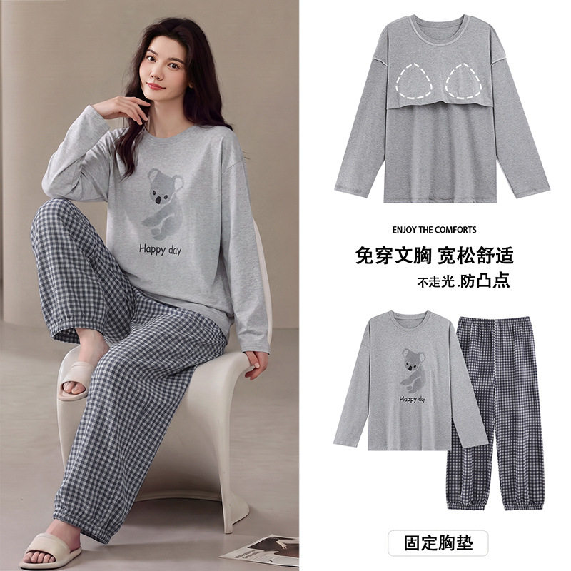 纯棉睡衣女款长袖新款冬季带胸垫卡通全棉家居服套装春秋天可外穿
