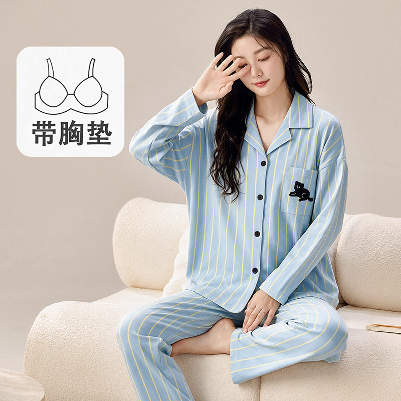 春秋季翻领带胸垫长袖长裤女士开衫睡衣薄款卡通休闲家居服套装冬