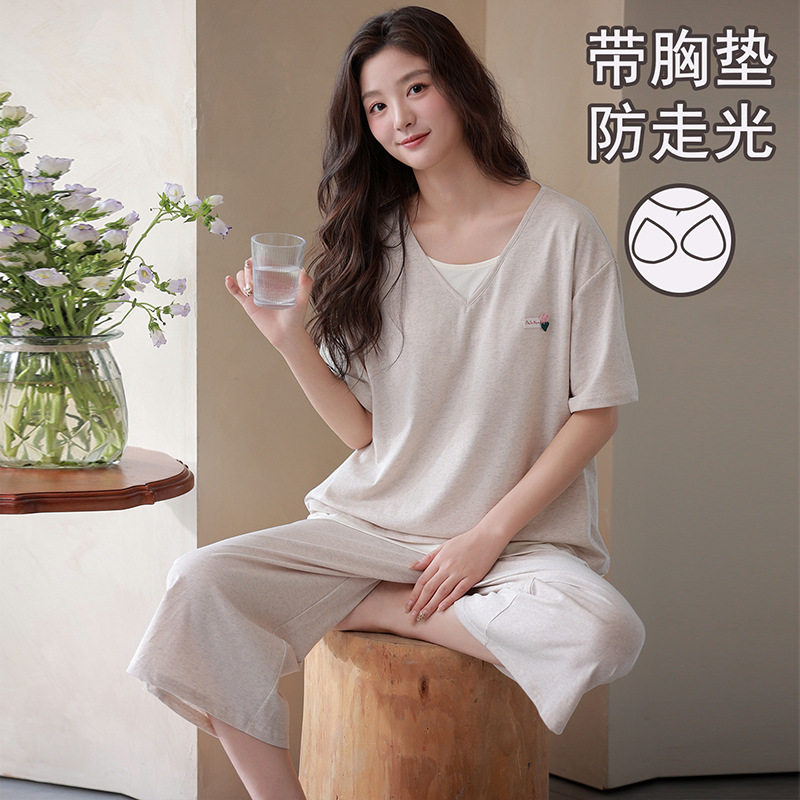 2026新款雪花棉睡衣女夏季带胸垫短袖七分裤夏天纯棉免穿文胸套装