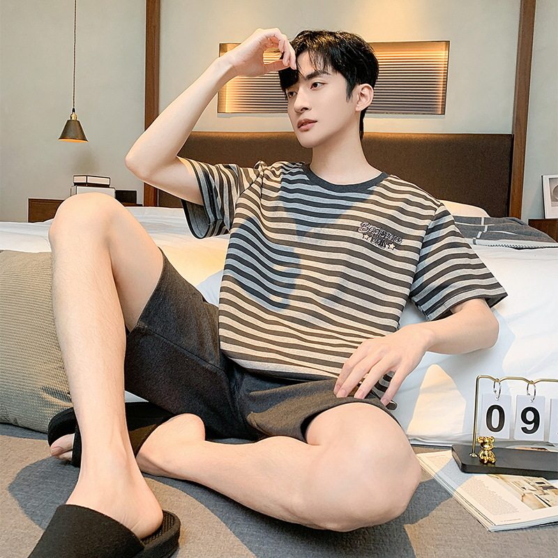 新款男士睡衣夏季短袖棉质韩版休闲薄款可外穿舒适家居服套装