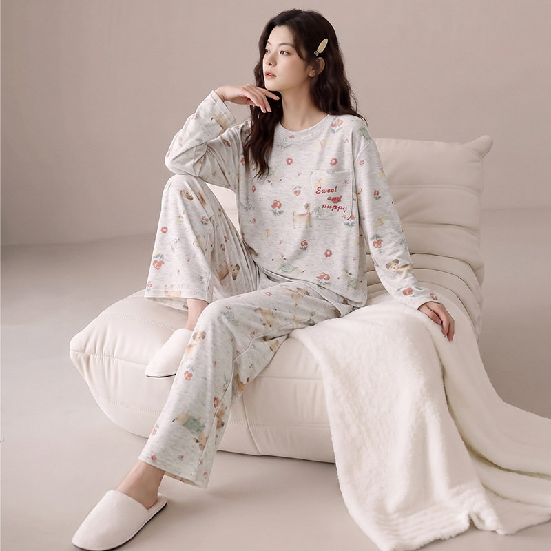 德绒睡衣女秋冬季双面薄绒保暖长袖圆领甜美可外穿冬天家居服套装