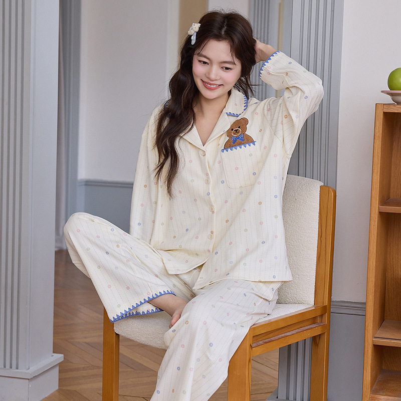 长袖长裤甜美卡通棉质睡衣女开衫可外穿宽松舒适家居服两件套装