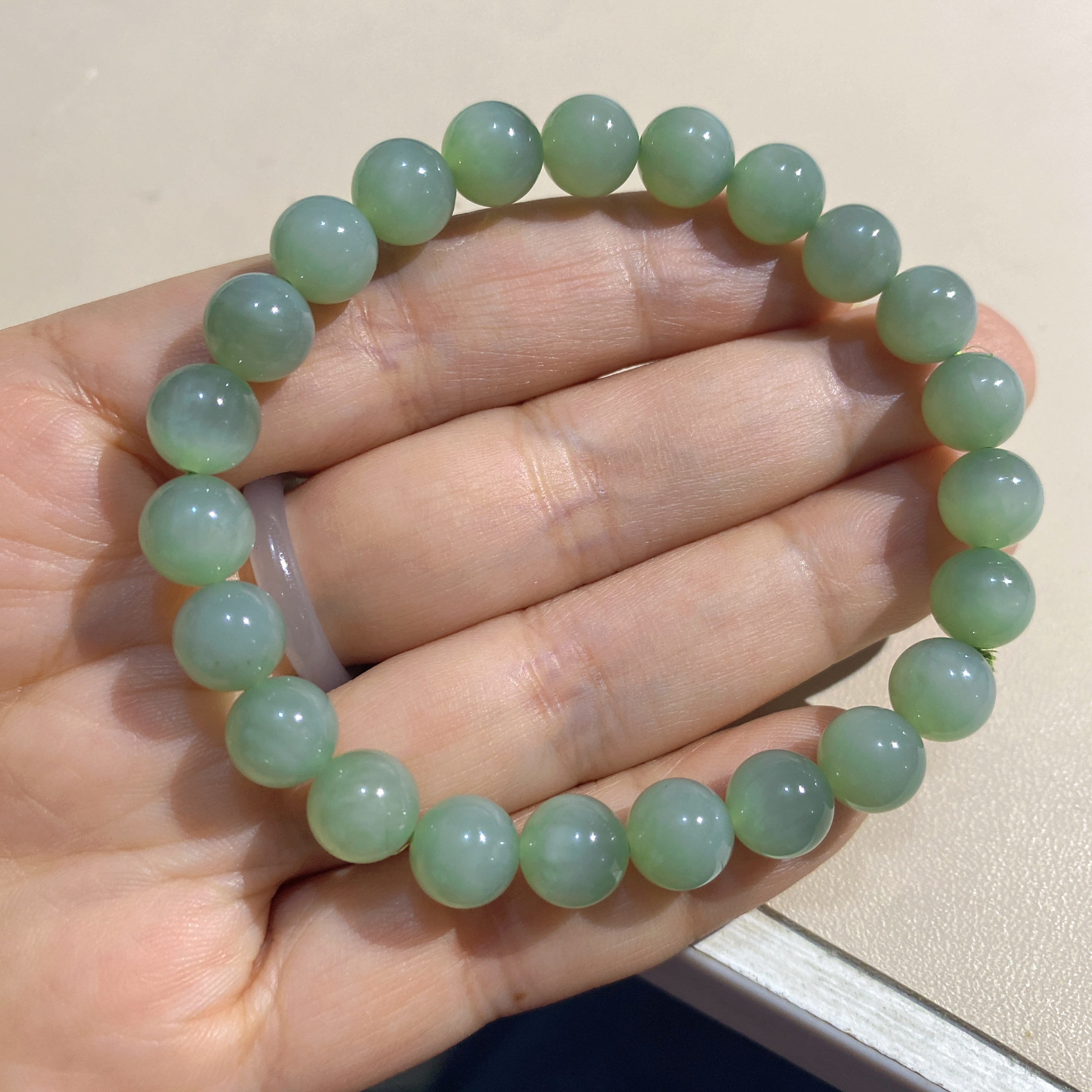 和田玉碧玉粉青瓷白猫眼手串卡8mm俄罗斯碧玉瓷蓝圆珠手链冰底料