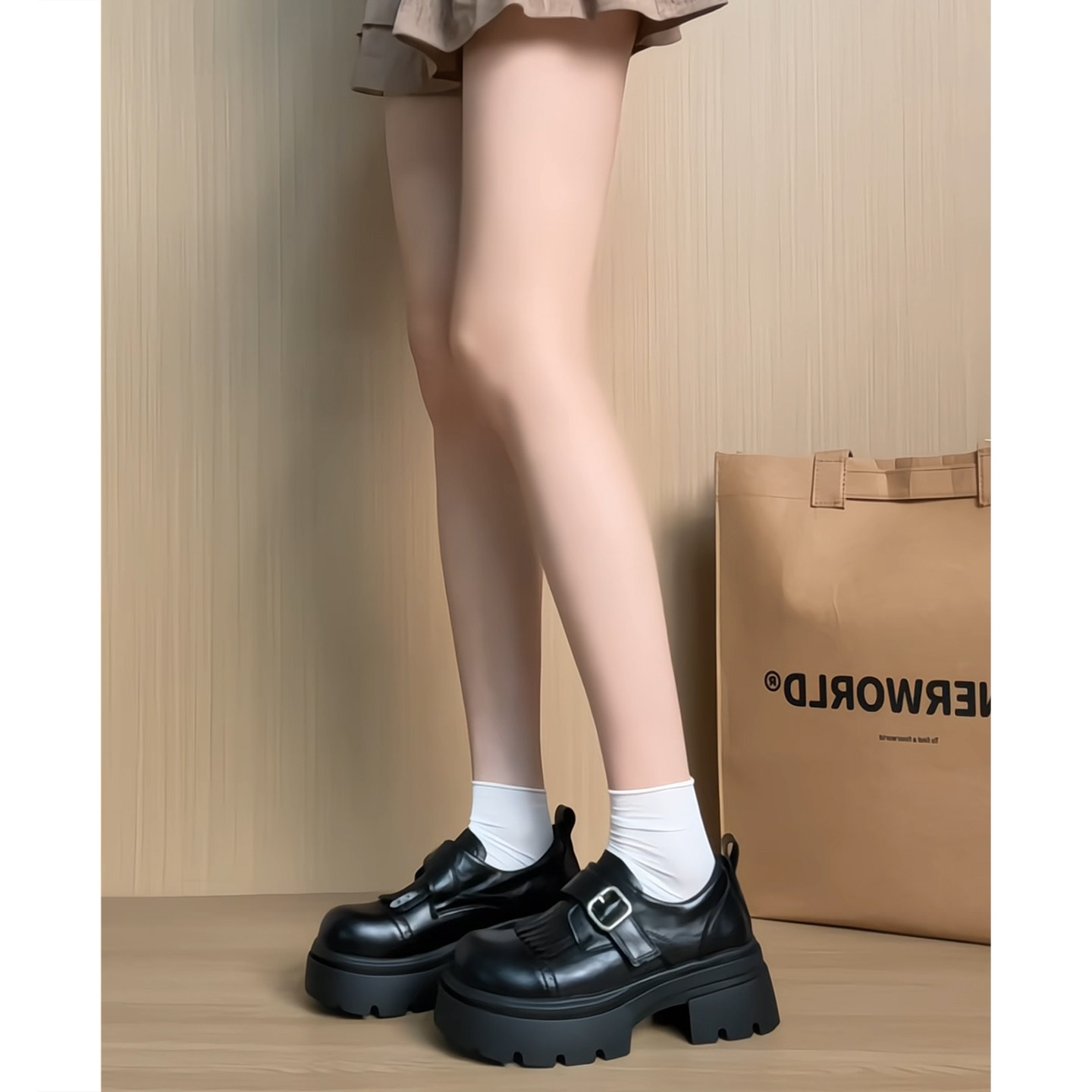 羊皮版~森女乐福鞋厚底布洛克鞋浅口单鞋