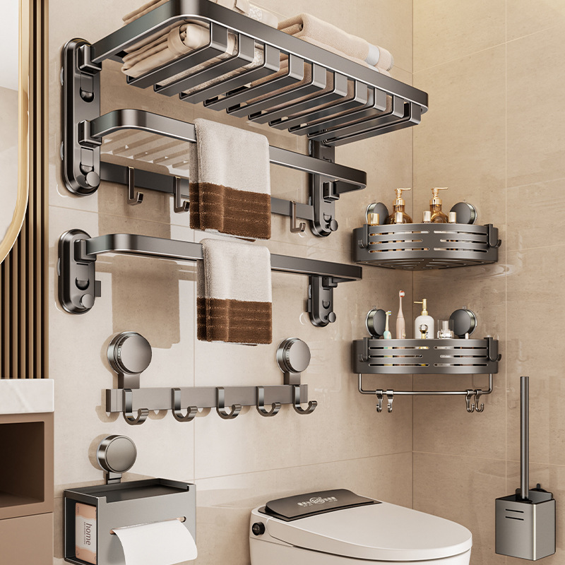 四吸盘网篮浴巾架卫生间免打孔厕所浴室置物架一体毛巾架挂杆套装