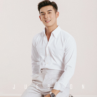 衬衣意式 白色扣领免烫长袖 西装 男商务休闲修身 绅士一片领衬衣 衬衫