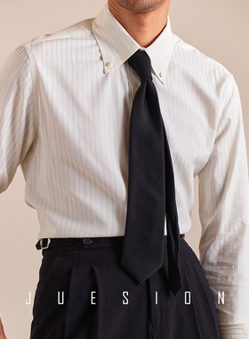JUESION 意式纽扣领长袖衬衫男复古绅士条纹修身透气休闲商务衬衣