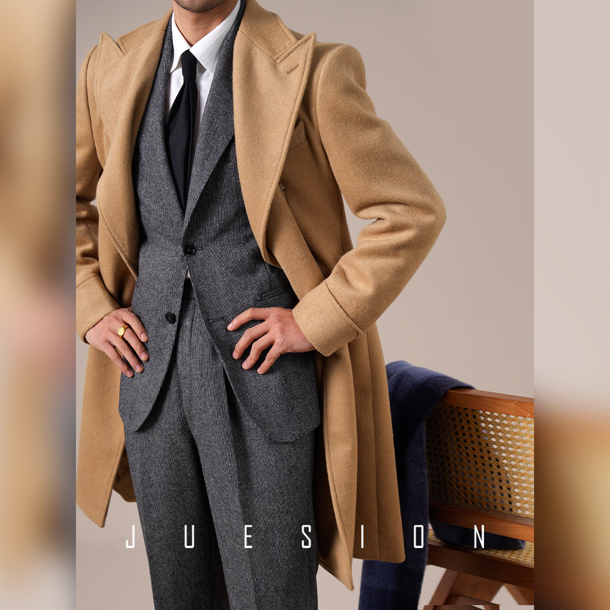 JUESION 羊毛呢子柴斯特大衣男中长款戗驳领双排扣秋冬款加厚外套