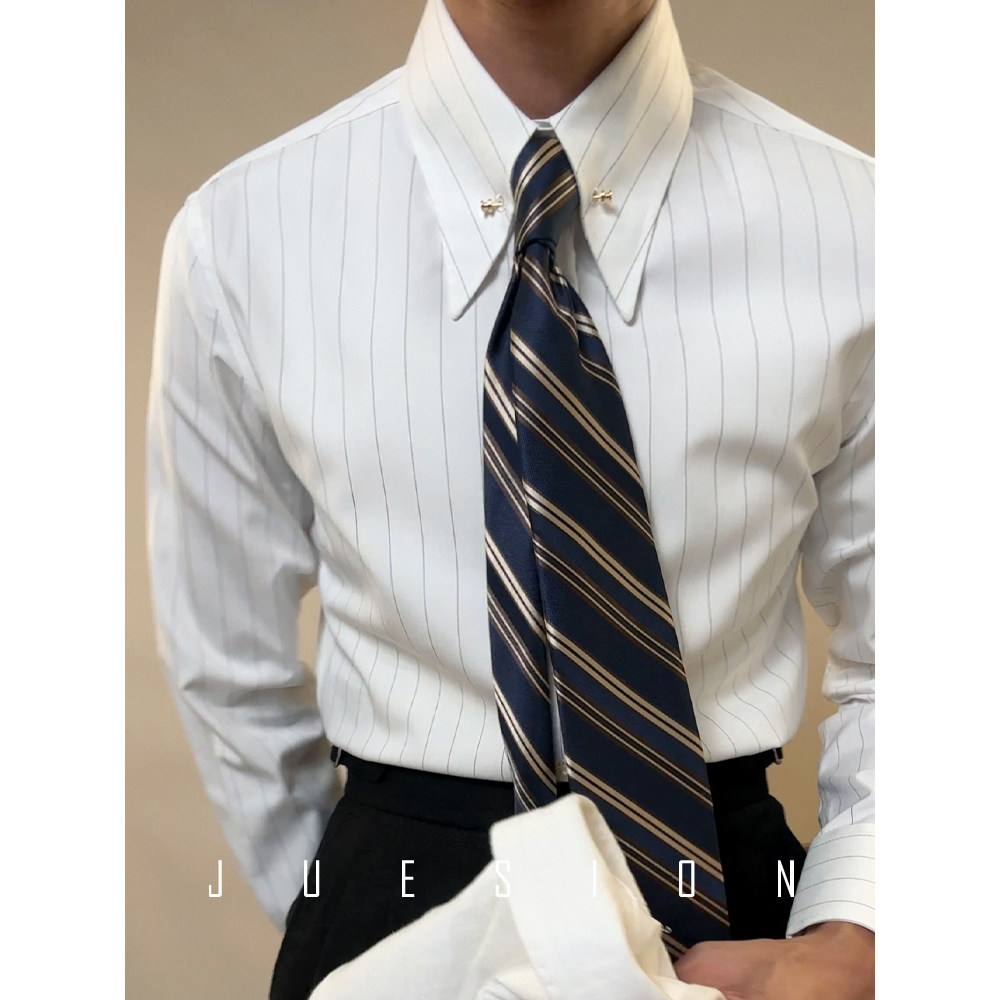 JUESION 意式针孔领条纹衬衫男休闲商务高级感帝国领免烫男士衬衣
