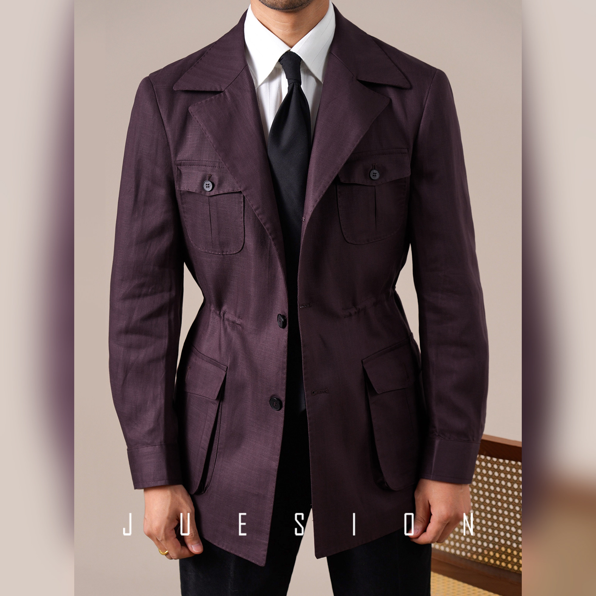 JUESION 猎装夹克男复古绅士装高级感天丝亚麻休闲商务西装领外套