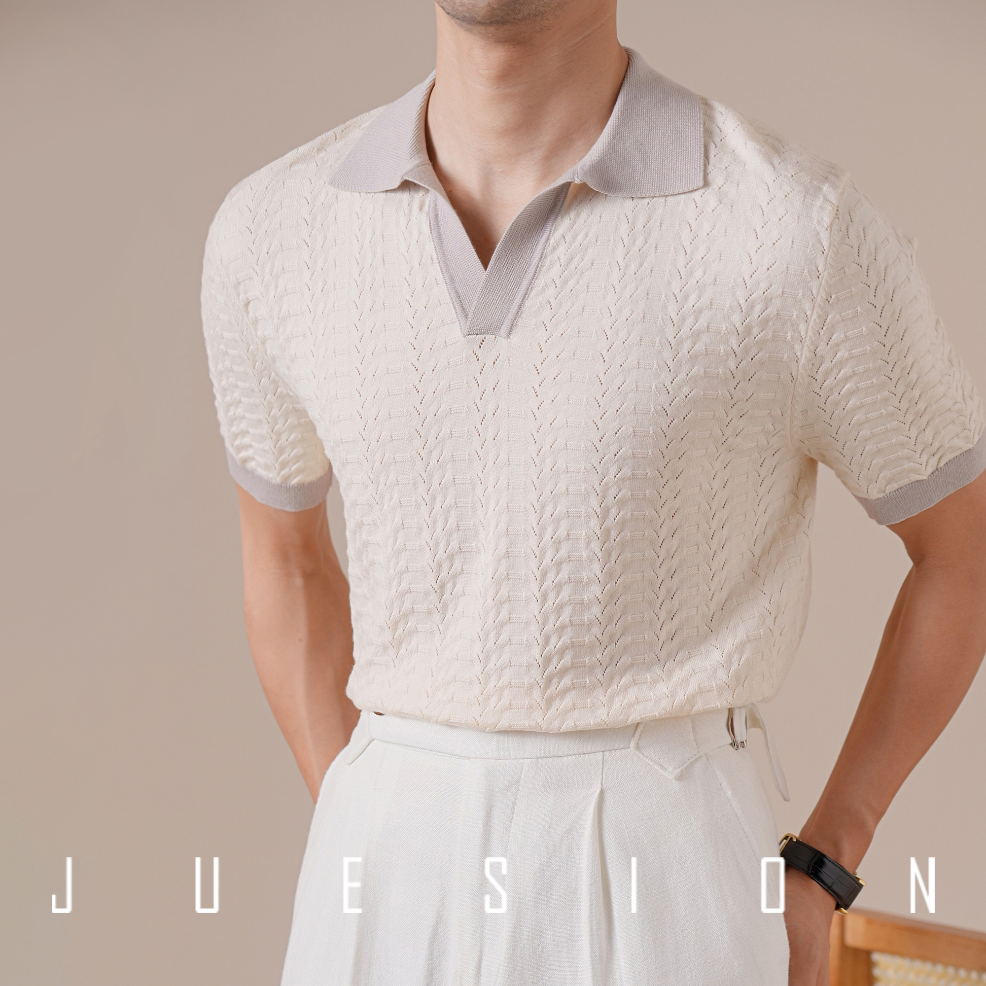 凉感天丝棉v领撞色提花polo衫