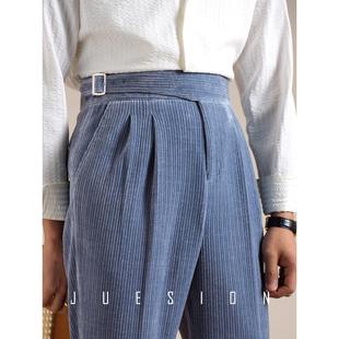 JUESION 重磅厚款双褶廓尔喀西裤男高腰直筒修身灯芯绒休闲长裤子