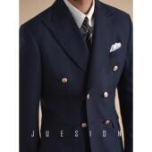 JUESION 男商务休闲戗驳领双排扣结婚西装 意式 复古布雷泽西服套装