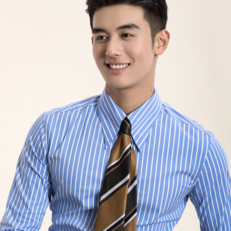 浅蓝条纹长袖衬衫男暗扣商务修身休闲意式长尖领衬衣春秋婚礼正装