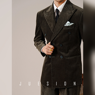 商务休闲复古条绒西装 JUESION 双排扣冬季 男士 外套 灯芯绒西服套装