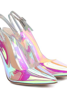 透明p女鞋slingbacks露跟细高跟单鞋宴会女鞋夜店CD TS情趣大码46