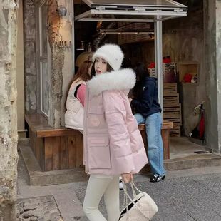 冬季 连帽大毛领羽绒棉服短款 加厚外套 派克服粉色韩版 丹麦极寒工装