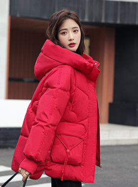 2025冬季红色亮闪闪羽绒棉衣女中长款洋气加厚棉服宽松棉袄面包服