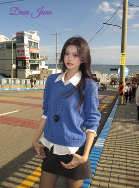 DearJune 韩版ins百搭蓝色麻花针织假两件上衣高智感宽松高级休闲