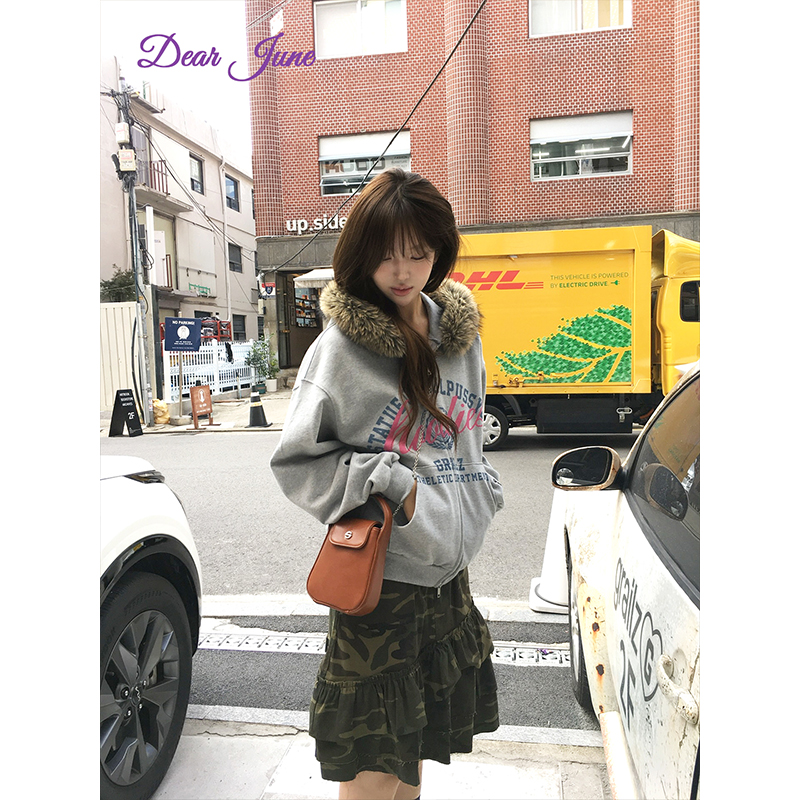 DearJune 韩系复古连帽毛领卫衣创意字母印花宽松休闲潮酷外套ins