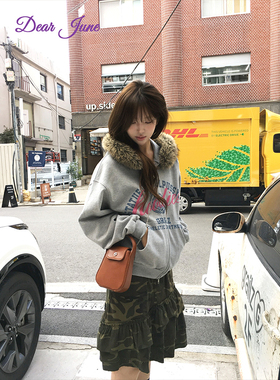 DearJune 韩系复古连帽毛领卫衣创意字母印花宽松休闲潮酷外套ins