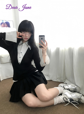 DearJune 韩版通勤日常拼接polo领上衣修身短款内搭高质感气质女