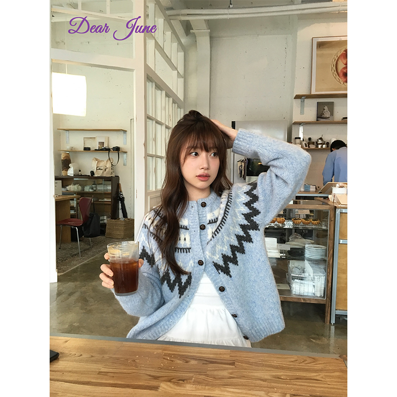 DearJune 韩国博主同款 费尔岛提花毛衣外套温柔显白宽松松弛感