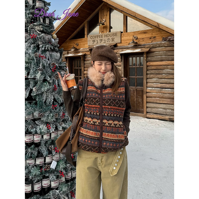 DearJune 韩系美拉德费尔岛提花马甲外套氛围感宽松通勤小众ins