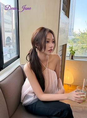 DearJune 韩版淡粉色挂脖吊带衫网纱褶皱设计温柔少女甜美气质
