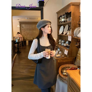 DearJune 收腰气质高级 韩系甜美少女波点高领上衣方领连衣裙套装
