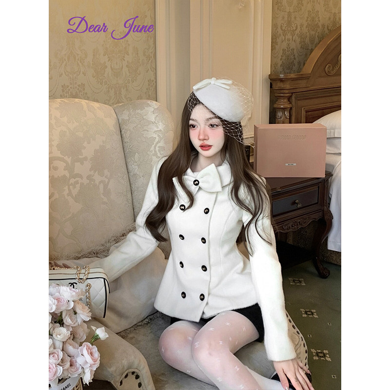 DearJune 韩版聚会约会穿搭高级毛呢双排扣收腰短外套气质miu系
