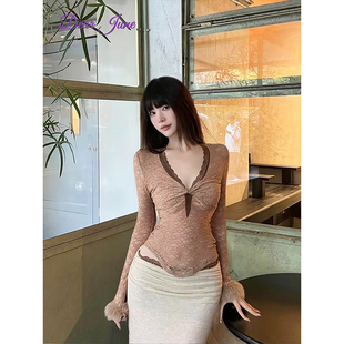 纯欲设计感辣妹chic 口上衣修身 DearJune 韩系性感蕾丝拼接毛毛袖